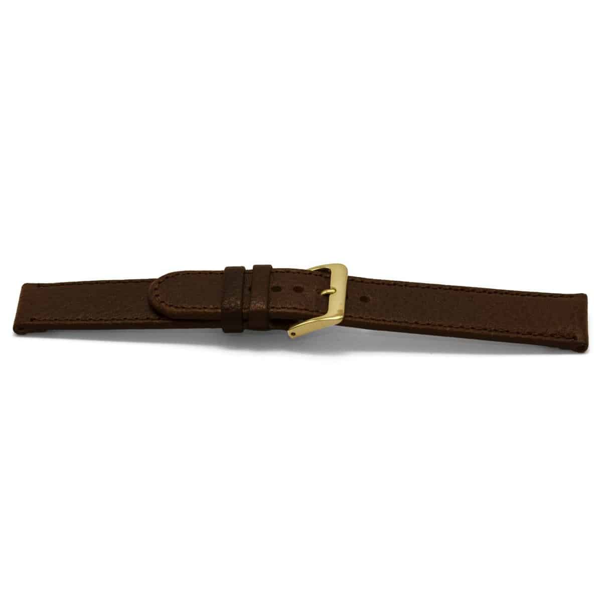 Bruin lederen horlogeband met goudkleurig aluminium gesp.
Kleur band: Bruin
Band dikte: 2.5mm
Band lengte: 75/115mm
Band breedte: 22x22mm
Gesp: Aluminium Goud
Bekleding binnenband: Nubuck
Gestikt: Ja, dezelfde kleur als de band. 
Pushpin: Exclusief
Hypo allergisch: Ja