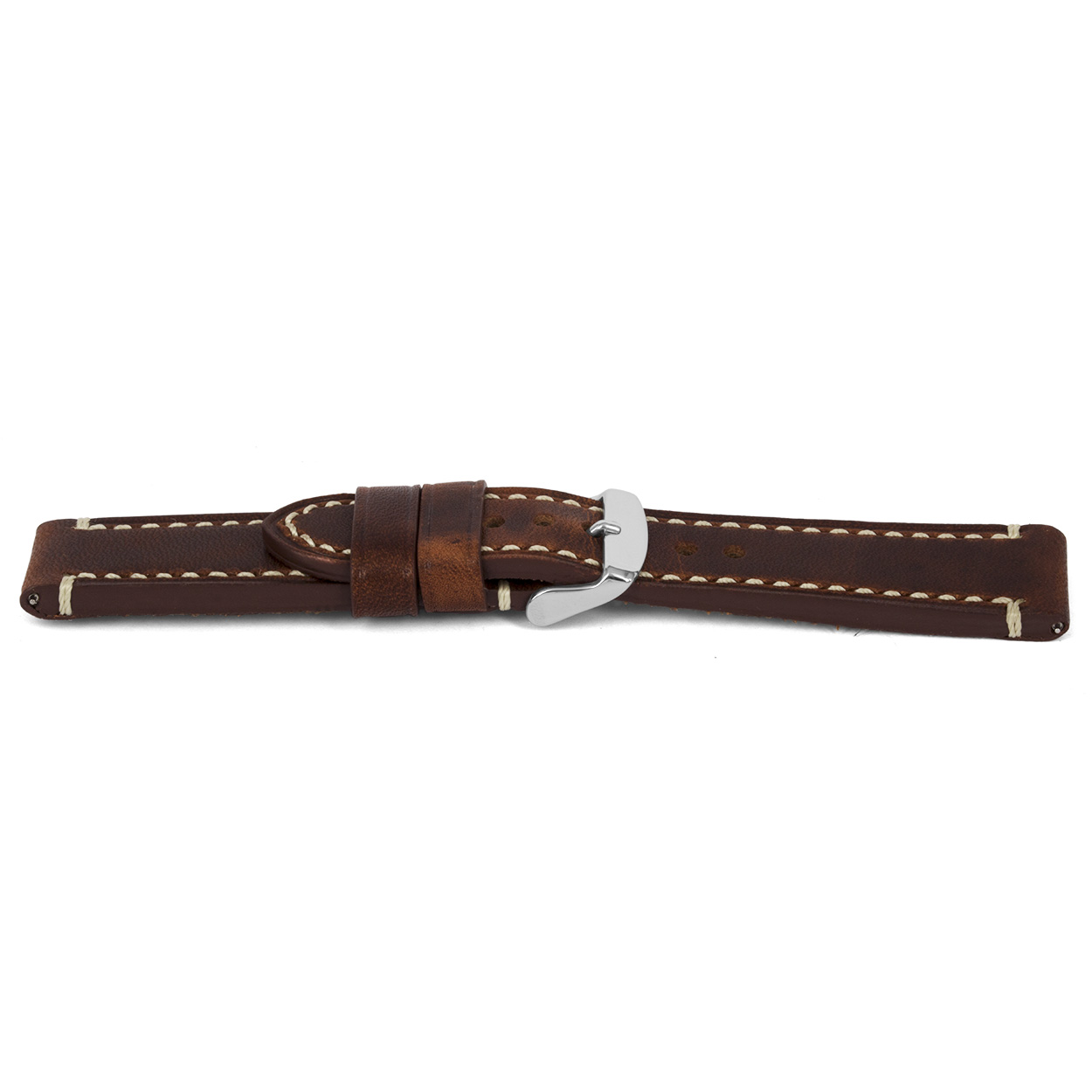 Soepele VS Cowhide lederen horlogeband, oily bruin en beige gestikt.
Kleur band: Bruin
Band dikte: 4.9 mm
Band lengte: 75/115mm
Band breedte: 22x22mm
Gesp: Edelstaal
Bekleding binnenband: Nubuck  Oily cowhide
Gestikt: Ja, beige
Waterproef: Nee
Pushpin: Ja Quick release
Hypo allergisch: Nee
NFC: Nee
EAN: 4782863421227