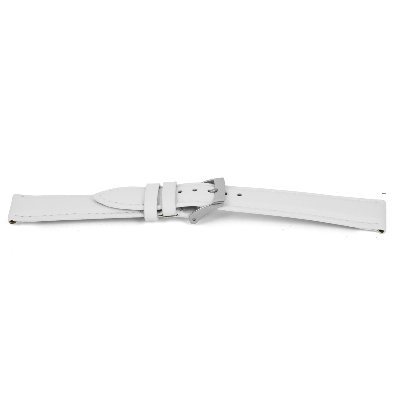 Wit lederen horlogeband met zilverkleurig edelstalen gesp.
Kleur band: Wit
Band dikte: 3.3mm
Band lengte: 70/105mm
Band breedte: 22x20mm
Gesp: Stainless steel
Bekleding binnenband: Nubuck
Gestikt: Ja, dezelfde kleur als de band. 
Pushpin: Exclusief
Hypo allergisch: Ja
EAN: 4780263509224