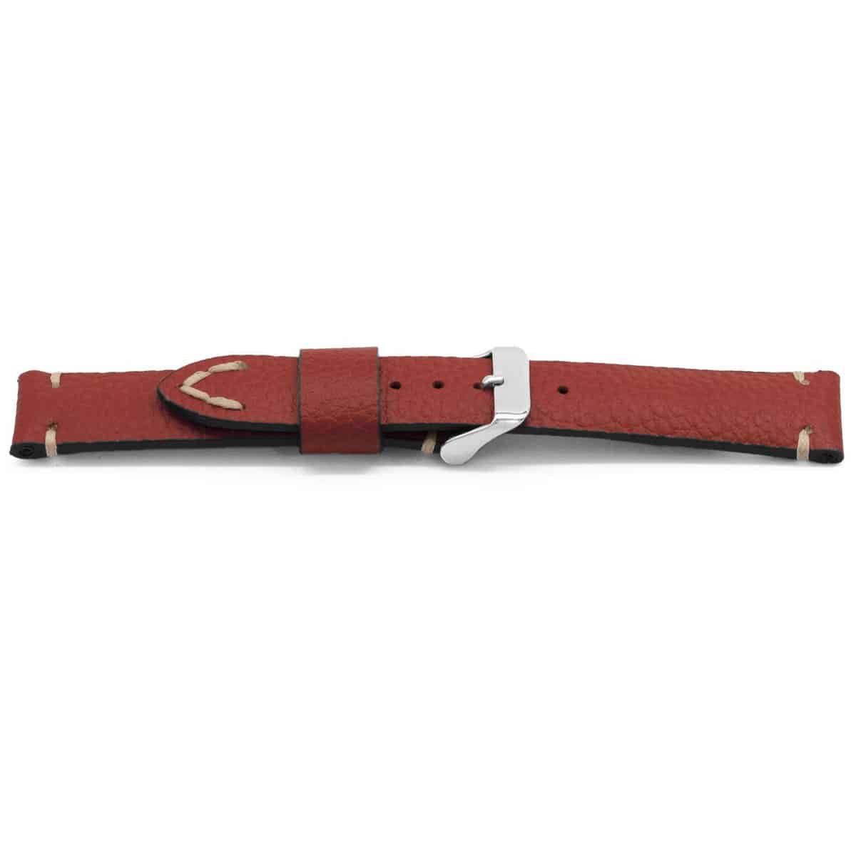 Rood lederen horlogeband met zwart lederen lining en edelstalen gesp.
Kleur band: Rood
Band dikte: 5.0 - 2.9mm 
Band lengte: 75/115 mm
Band breedte: 22x20 mm
Gesp: Edelstaal
Bekleding binnenband: Hoogwaardig zwart leder
Gestikt: Ja, wit
Pushpin: Exclusief
Hypo allergisch: Nee
NFC Chip: Ja
EAN: 4780263715229