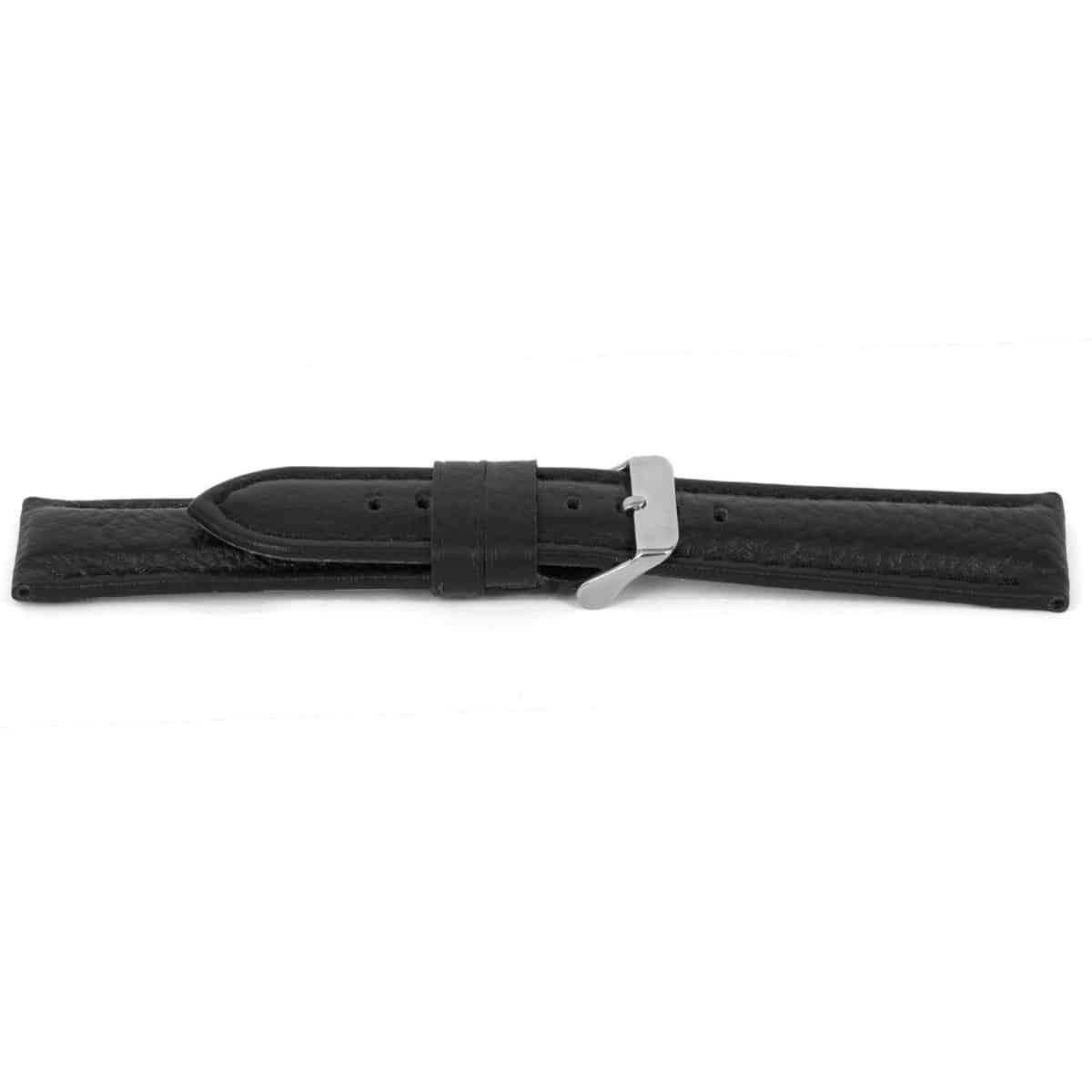 Kalfslederen horlogeband met zilverkleurig edelstalen gesp.
Kleur band: Zwart
Band dikte: 5.8 - 3.8 mm 
Band lengte: 85/125mm (XL)
Band breedte: 24x22mm
Gesp: Edelstaal
Bekleding binnenband: Nubuck
Gestikt: Ja, zwart
Pushpin: Exclusief
Hypoallergisch: Ja
NFC Chip: Ja
EAN: 4782863017246