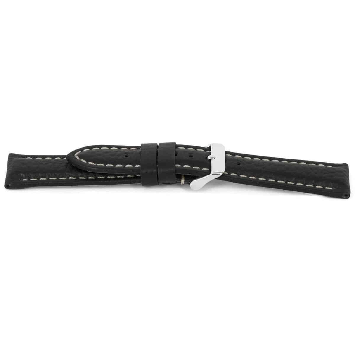 Kalfslederen horlogeband met zilverkleurig edelstalen gesp.
Kleur band: Zwart
Band dikte: 5.8 - 3.8 mm 
Band lengte: 85/125mm (XL)
Band breedte: 24x22mm
Gesp: Edelstaal
Bekleding binnenband: Nubuck
Gestikt: Ja, wit
Pushpin: Exclusief
Hypo allergisch: Ja
NFC Chip: Ja
EAN: 4782863018243