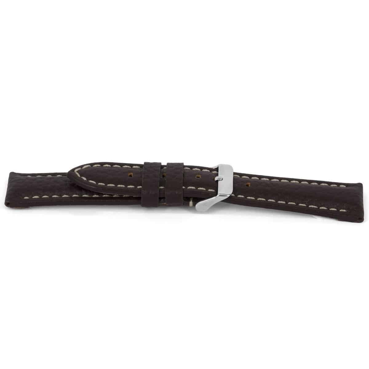 Kalfslederen horlogeband met zilverkleurig edelstalen gesp.
Kleur band: bruin
Band dikte: 5.8 - 3.8 mm 
Band lengte: 85/125mm (XL)
Band breedte: 24x22 mm
Gesp: Edelstaal
Bekleding binnenband: Nubuck leer
Gestikt: Ja, wit
Pushpin: ExclusiefHypo allergisch: Ja
NFC Chip: Ja
EAN: 4782863038241

catd282