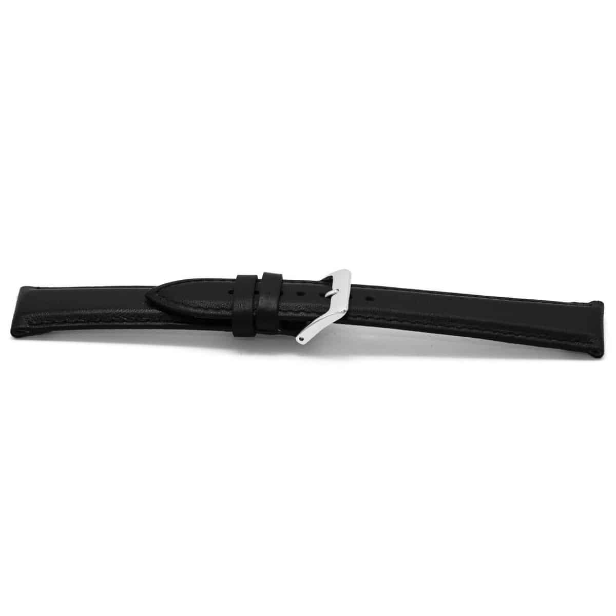 Zwart lederen horlogeband licht gevuld met zilverkleurig edelstalen gesp.
Kleur band: Zwart
Band dikte: 4.5 - 3.0mm
Band lengte: 80/120mm
Band breedte: 24x22mm
Gesp: Stainless steel
Bekleding binnenband: Nubuck
Gestikt: Ja, dezelfde kleur alsde band. 
Pushpin: Exclusief
Hypo allergisch: Ja
EAN: 8716667160965