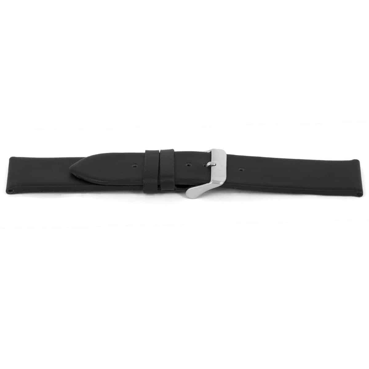 Zwarte kalfslederen horlogeband waterdicht met zilverkleurig edelstalen gesp.
Kleur band: Zwart
Band dikte: 3.9mm 
Band lengte: 75/115mm
Band breedte: 24x24mm
Gesp: Edelstaal Mat
Bekleding binnenband: Glad leer zwart
Gestikt: Nee
Pushpin: Exclusief
Hypo allergisch: Ja
NFC Chip: Ja
EAN: 4780263147242