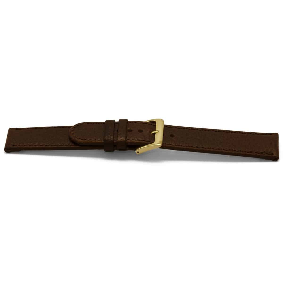 Bruin lederen horlogeband met goudkleurig aluminium gesp.
Kleur band: Bruin
Band dikte: 2.5mm
Band lengte: 75/115mm
Band breedte: 24x24mm
Gesp: Aluminium
Bekleding binnenband: Nubuck
Gestikt: Ja, dezelfde kleur als de band. 
Pushpin: Exclusief
Hypo allergisch: Ja