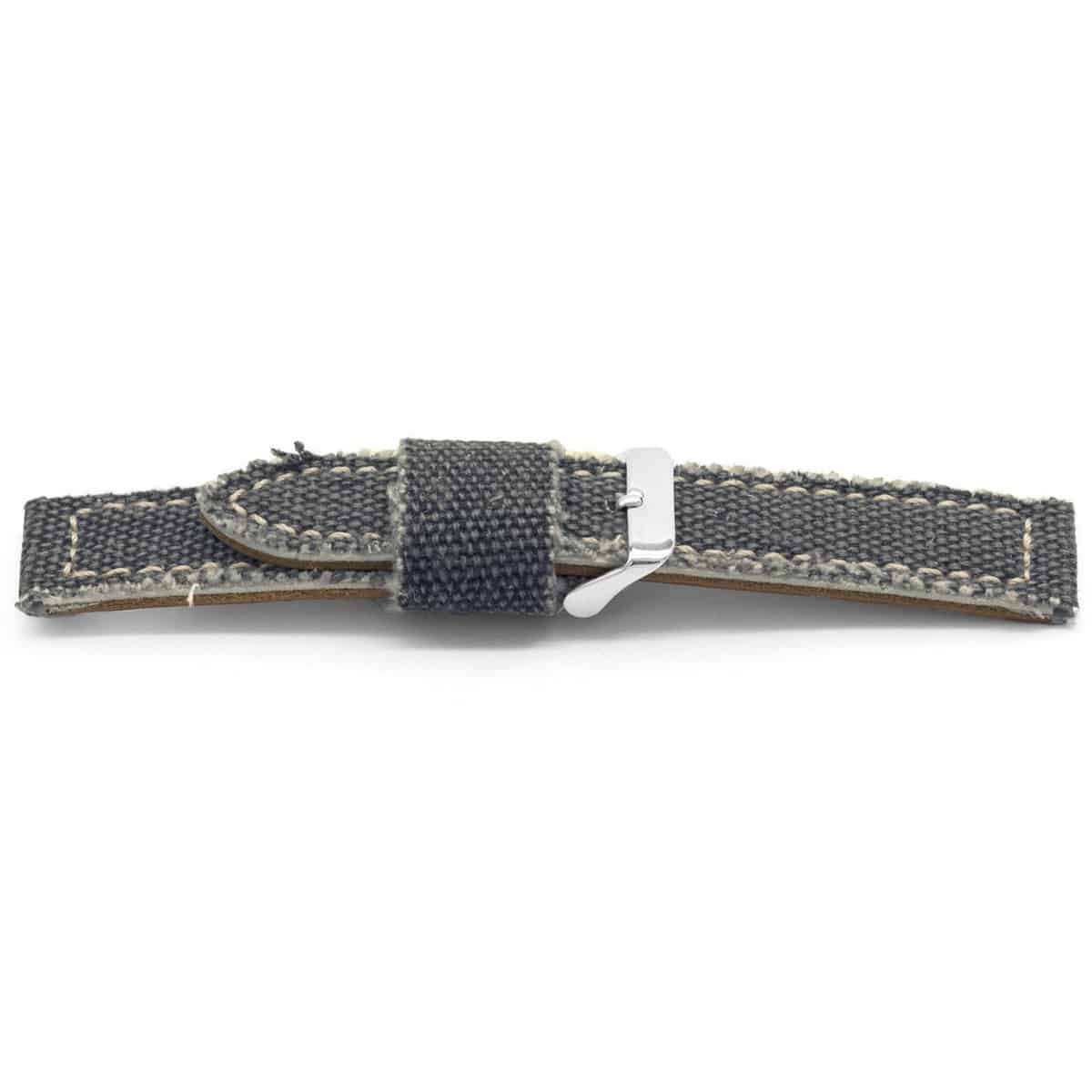 Blauw jeans horlogeband van katoen met lederen lining met edelstalen gesp.
Kleur band: Blauw
Band dikte: 4.1mm 
Band lengte: 75/115 mm
Band breedte: 24x24 mm
Gesp: Edelstaal
Bekleding binnenband: Hoogwaardig bruin leder
Gestikt: Ja, Beige
Pushpin: Exclusief
Hypo allergisch: Nee
NFC Chip: Ja
EAN: 4780263609245