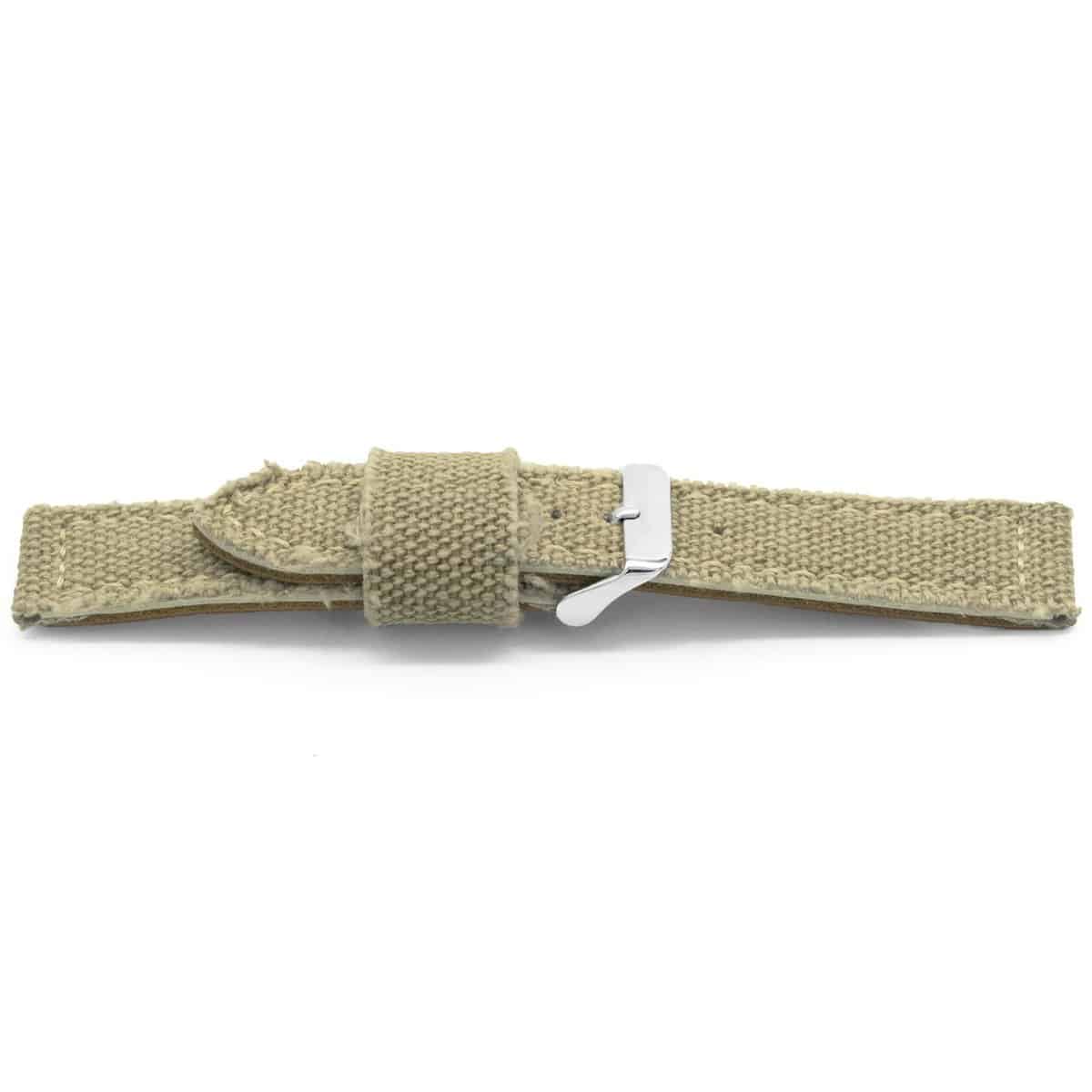 Beige jeans horlogeband van katoen met lederen lining met edelstalen gesp.
Kleur band: Beige
Band dikte: 4.1mm 
Band lengte: 75/115 mm
Band breedte: 24x24 mm
Gesp: Edelstaal
Bekleding binnenband: Hoogwaardig bruin leder
Gestikt: Ja, Beige
Pushpin: Exclusief
Hypo allergisch: Nee
NFC Chip: Ja
EAN: 4780263852245