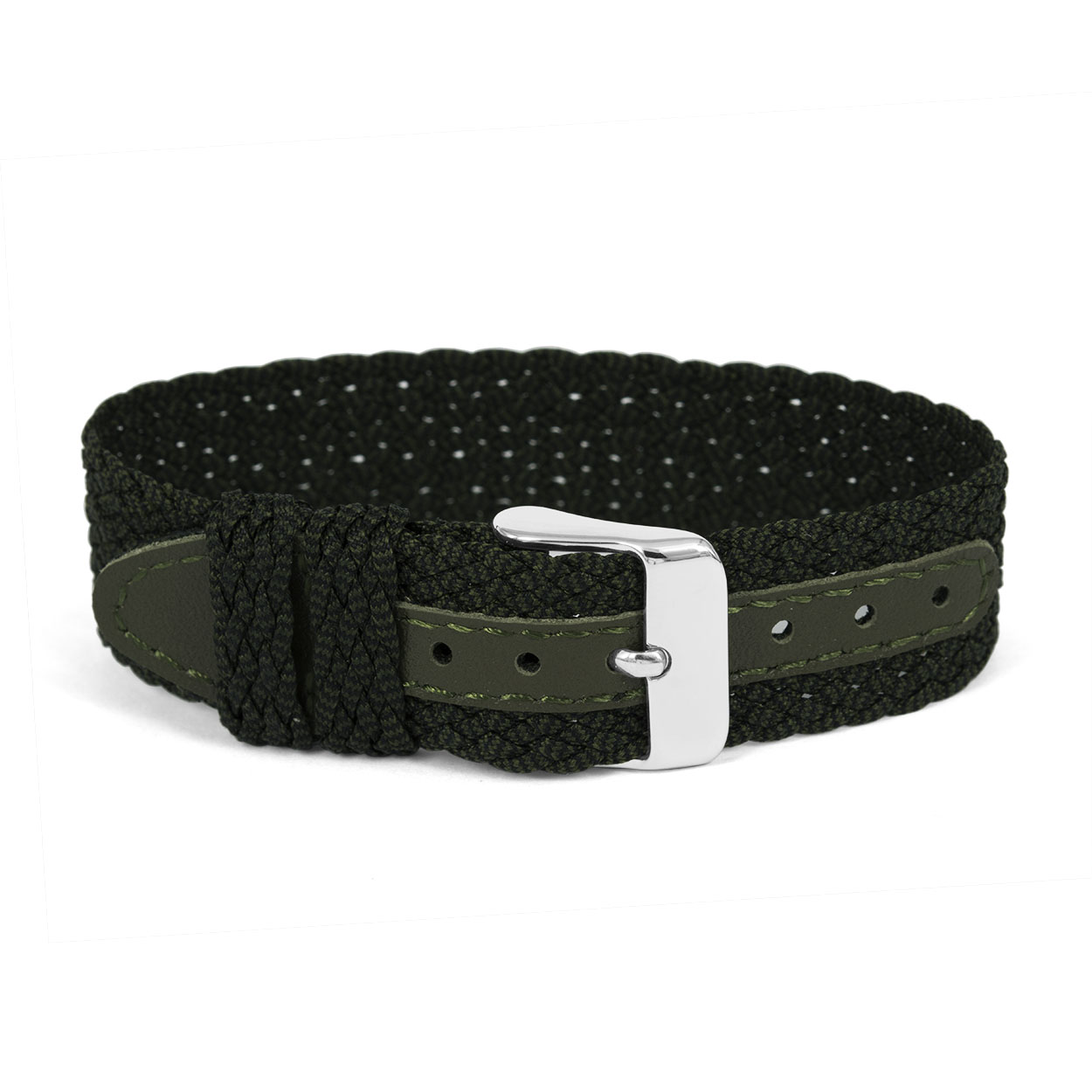 Horlogeband groen perlon met gespsluiting en leer.
Kleur band: groen
Band dikte: 1 mm
Band lengte: 230 mm
Band breedte: 20mm
Gesp: Ja
Bekleding binnenband: n.v.t.
Gestikt: Nee
Pushpin: n.v.t.
Hypo allergisch: -
EAN: 4781606328205