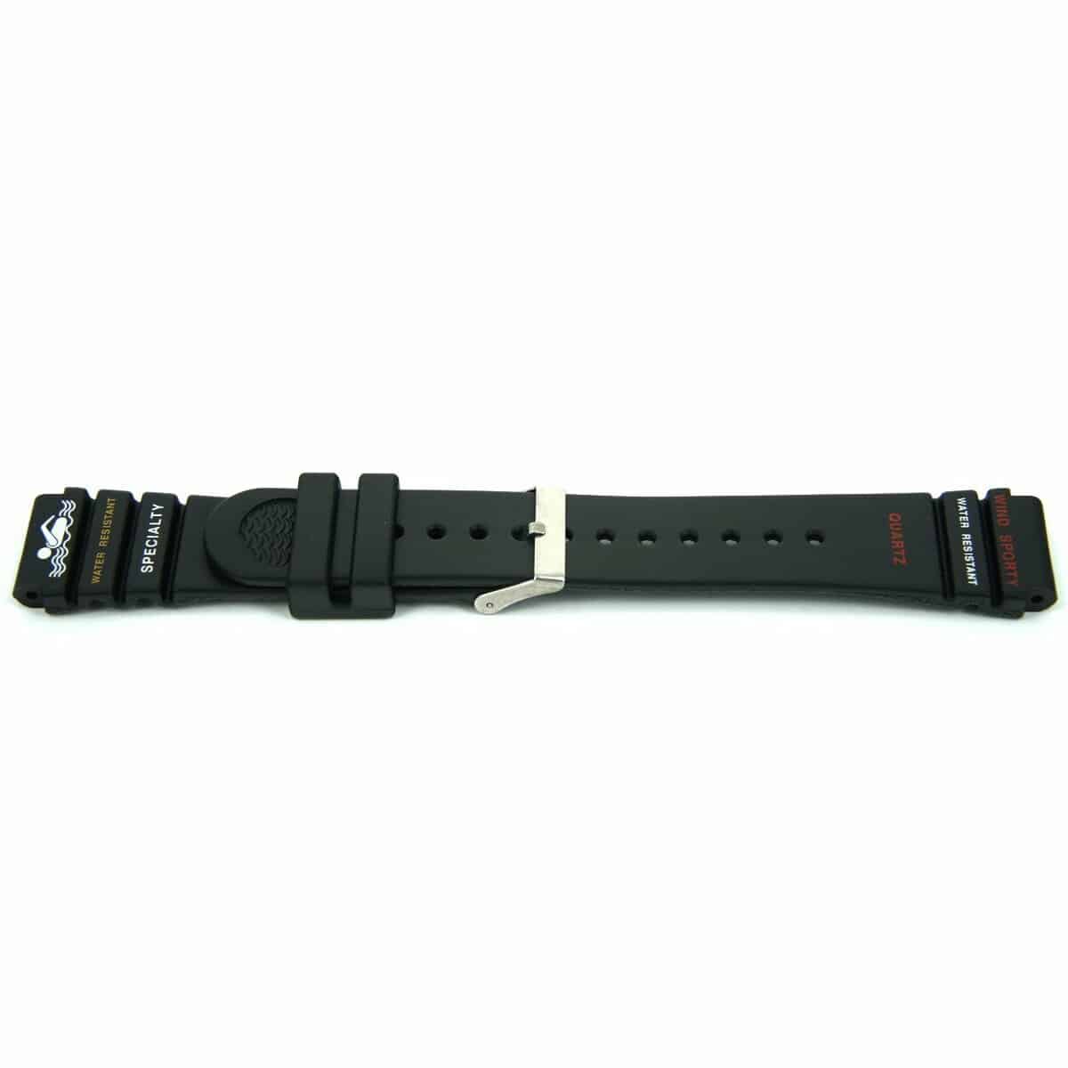 PVC horlogeband zwart met opdruk.
Kleur band: Zwart
Band dikte: 4-2.9mm
Band lengte: 75/125mm
Band breedte: 22mm
Gesp: Ja
Bekleding binnenband: n.v.t.
Gestikt: Nee
Pushpin: Nee
Hypo allergisch: -