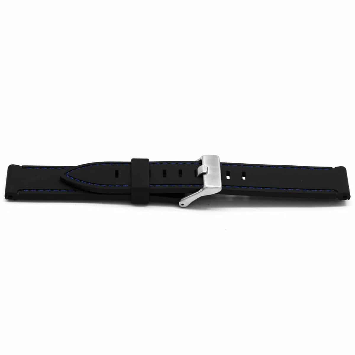 Zwarte plastic horlogeband met blauwe stiksel en stainless steel gesp.
Kleur band; Zwart
Band dikte; 3 mm
Band lengte; 80/125 mm excl. gesp
Band breedte; 22x22 mm
Gesp; Edelstaal
Bekleding binnenband; Geen
Gestikt; Ja, blauw
Pushpin; Exclusief
Hypo allergeen; nvt
EAN; 8716667163324
