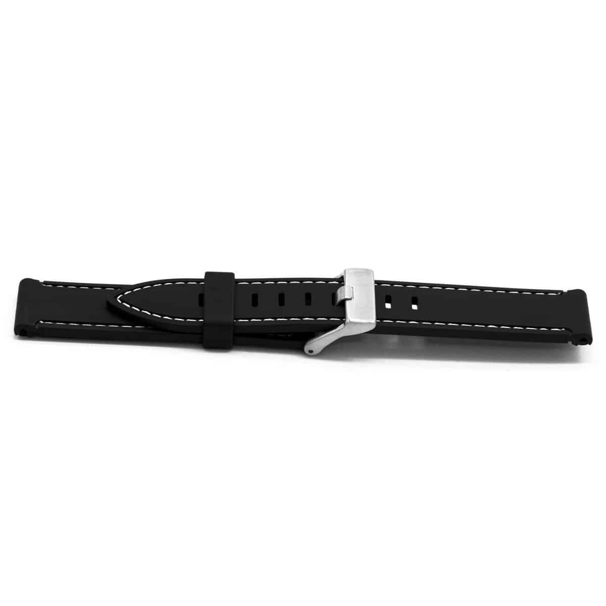 Zwarte plastic horlogeband met witte stiksel en stainless steel gesp.
Kleur band; Zwart
Band dikte; 3 mm
Band lengte; 80/125 mm excl. gesp
Band breedte; 22x22 mm
Gesp; Edelstaal
Bekleding binnenband; Geen
Gestikt; Ja, wit
Pushpin; ExclusiefHypo allergeen; nvt
EAN; 8716667163317