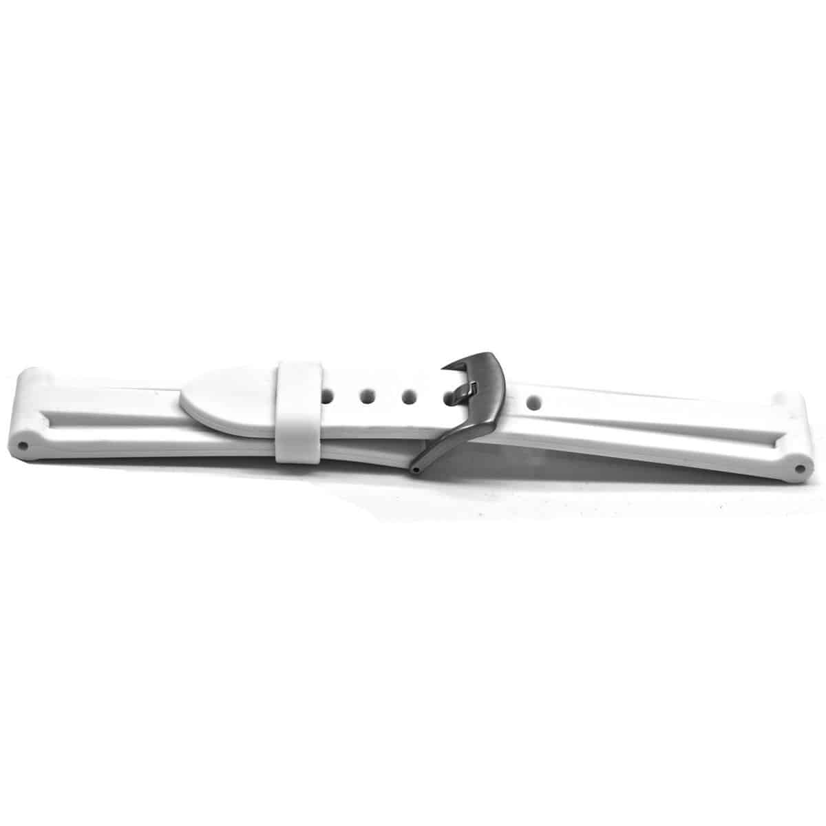 Witte PU plastic horlogeband met stainless steel gesp.
Kleur band; Wit
Band dikte; 7-3 mm
Band lengte; 85/115 mm excl. gesp
Band breedte; 22x20 mm
Gesp; Edelstaal
Bekleding binnenband; Geen
Gestikt; Nee
Pushpin; Exclusief
Hypo allergeen; nvt
EAN; 8716667163355