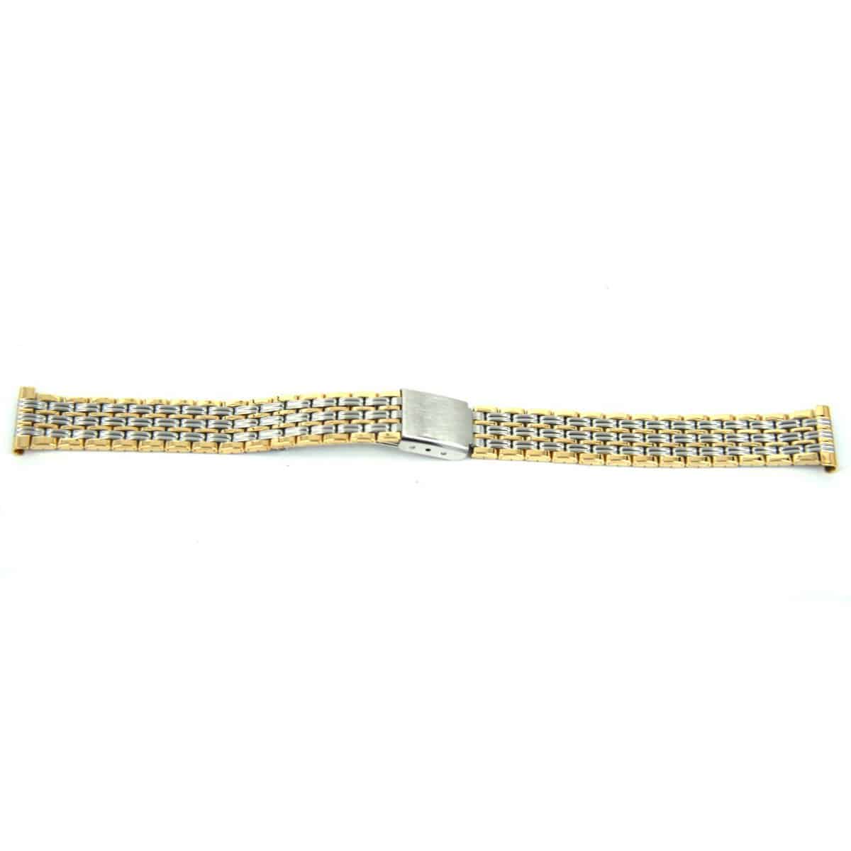 Horlogeband metaal bicolor met klepsluiting.
Kleur band: Bicolor
Band dikte: 2.2mm
Band lengte: &#177;15.5 cm incl. klep
Band breedte: 14mm
Gesp: klepsluiting 
Bekleding binnenband: NVT
Gestikt: NVT
Pushpin: Exclusief