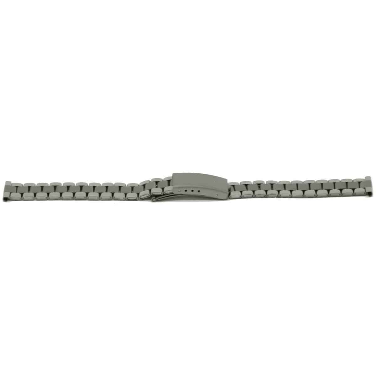 All stainless titanium horlogeband met klepsluiting.
Kleur band: Grijs/metaal
Band dikte: 3mm
Band lengte: &#177;16.5 cm incl. klep
Band aanzet: 14mm
Gesp: All Stainless Titanium klepsluiting 
Bekleding binnenband: NVT
Gestikt: NVT
Pushpin: Exclusief