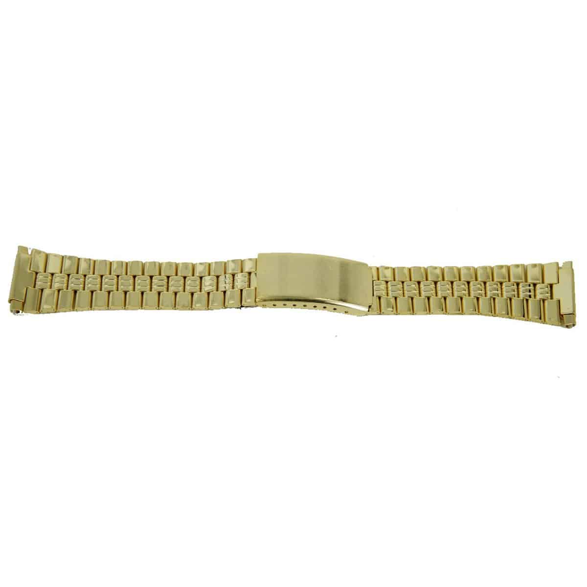 Horlogeband double met klepsluiting.
Kleur band: Goud
Band dikte: 2.5mm
Band lengte: &#177;16.5 cm incl. klep
Band breedte: 16mm
Gesp: klepsluiting 
Bekleding binnenband: NVT
Gestikt: NVT
Pushpin: Exclusief