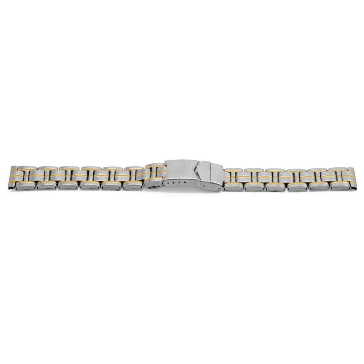 Horlogeband all stainless steel bicolor met klepsluiting.
Kleur band: Goud en zilver kleurig
Band dikte: 3.2mm
Band lengte: &#177;170mm incl. klep
Band breedte: 20mm
Gesp: Edelstalen klepsluiting 
Bekleding binnenband: NVT
Gestikt: NVT
Pushpin: Exclusief
EAN: 4780286382200