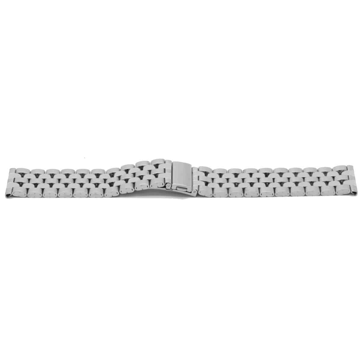 Horlogeband all stainless steel met klepsluiting.
Kleur band: Grijs/metaal
Band dikte: 3.8mm
Band lengte: &#177;18cm incl. klep
Band breedte: 26x24mm
Gesp: All Stainless Steel klepsluiting 
Bekleding binnenband: NVT
Gestikt: NVT
Pushpin: Exclusief
EAN: 4781862072003