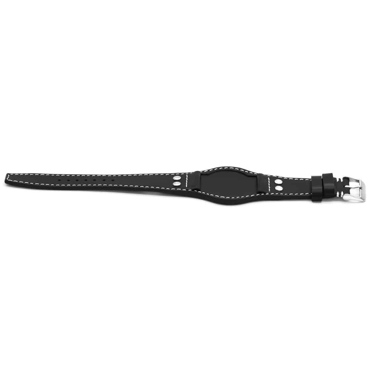Zwart horlogeband van leder met lederen lining en edelstalen gesp.
Kleur band: Zwart
Band dikte: 2.8mm 
Band lengte: 230 mm
Band breedte: 22x18 mm
Gesp: Edelstaal
Bekleding binnenband: Hoogwaardig zwart leder
Gestikt: Ja, Beige
Pushpin: Exclusief
Hypo allergisch: Nee
NFC Chip: Ja
EAN: 4780286321223