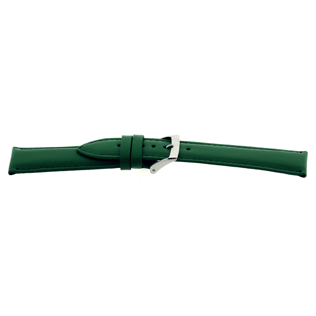Groen lederen horlogeband licht gevuld met zilverkleurig edelstalen gesp.
Kleur band: Groen
Band dikte: 3.8mm
Band lengte: 75/115mm 
Band breedte: 16x14mm
Gesp: Stainless steel
Bekleding binnenband: Nubuck
Gestikt: Ja, dezelfde kleur als de band. 
Pushpin: Exclusief
Hypo allergisch: Ja
EAN: 4786400626168