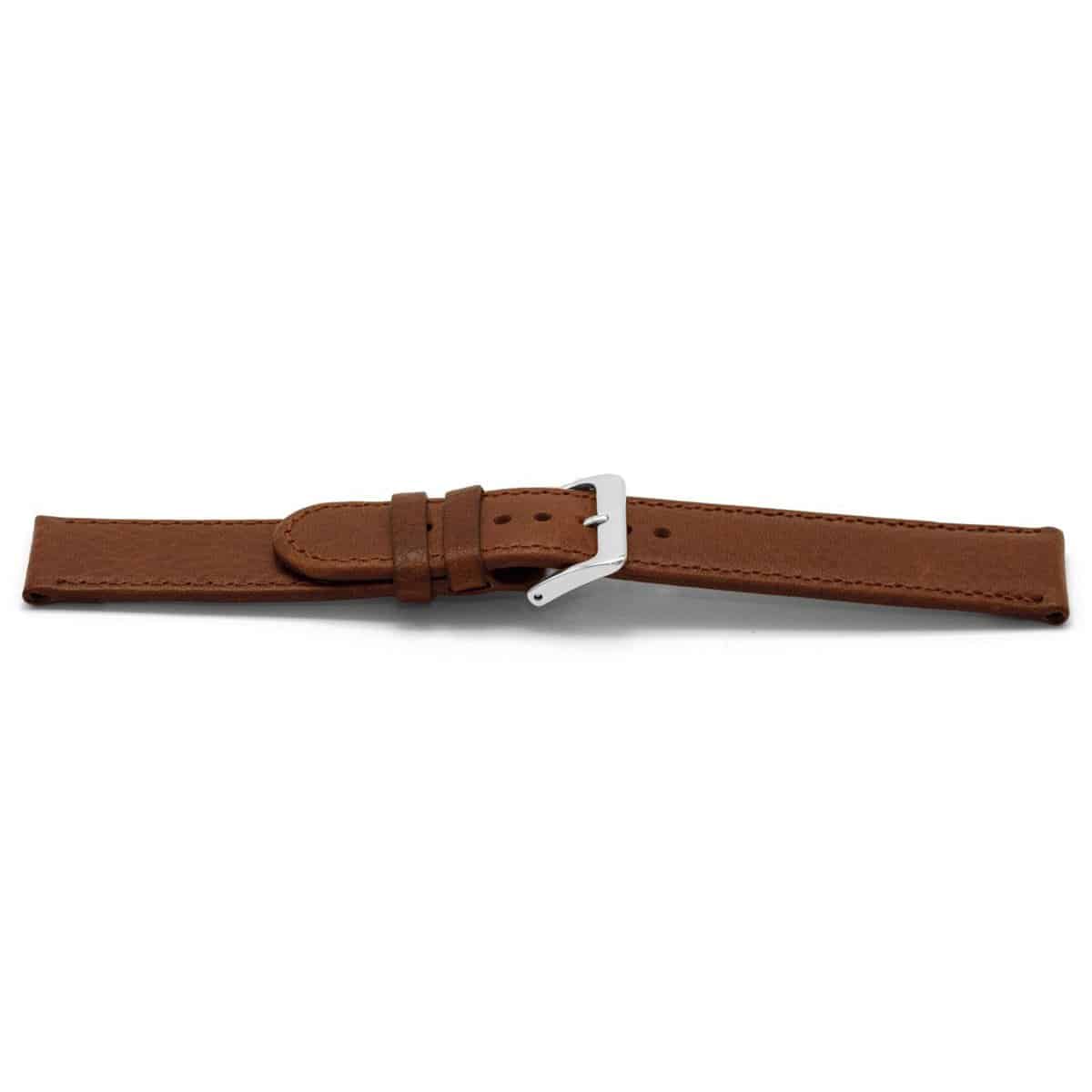 Bruin lederen horlogeband met zilverkleurig edelstalen gesp.
Kleur band: Bruin
Band dikte: 2.5mm
Band lengte: 75/115mm
Band breedte: 18x18mm
Gesp: Stainless steel
Bekleding binnenband: Nubuck
Gestikt: Ja, dezelfde kleur als de band. 
Pushpin: Exclusief
Hypo allergisch: Ja
EAN: 8716667161931