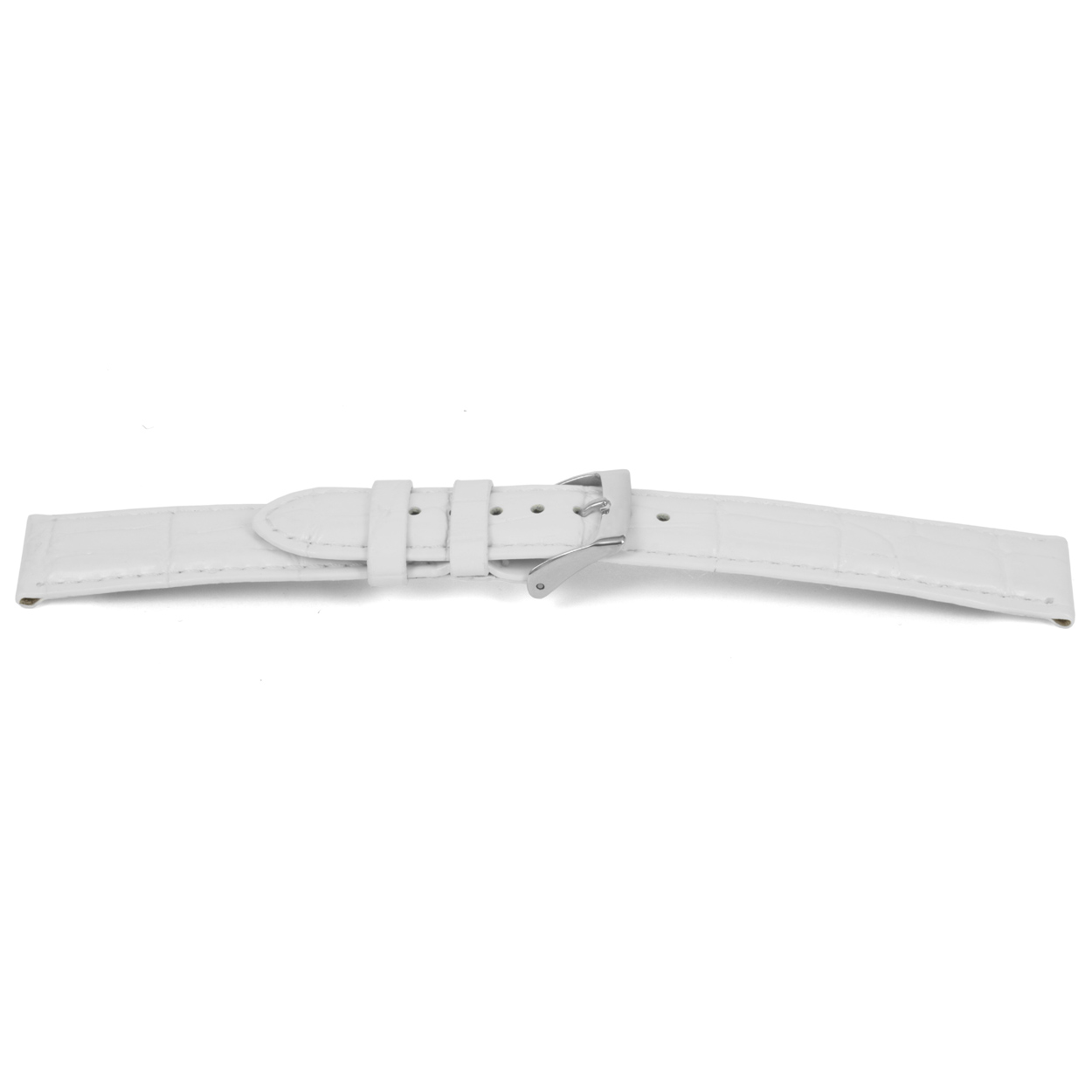 Wit lederen horlogeband met zilverkleurig edelstalen gesp.
Kleur band: Wit
Band dikte: 3.3mm
Band lengte: 70/105mm
Band breedte: 12x10mm
Gesp: Stainless steel
Bekleding binnenband: Nubuck
Gestikt: Ja, dezelfde kleur als de band. 
Pushpin: Exclusief
Hypo allergisch: Ja
EAN: 4780263508128