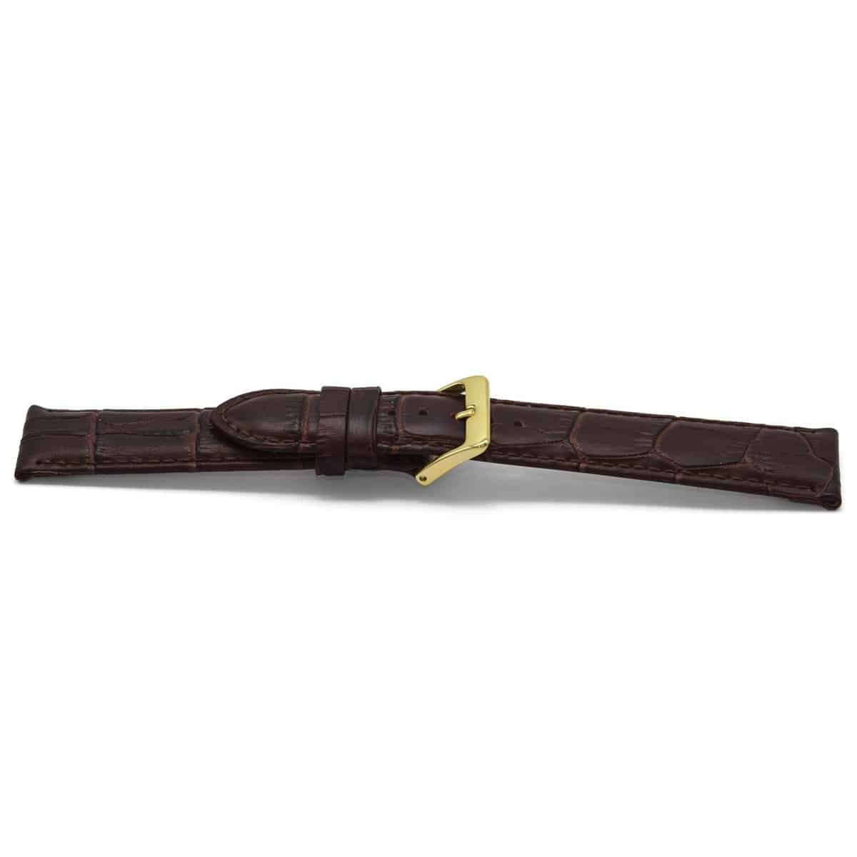 Bruin lederen horlogeband met goudkleurig edelstalen gesp.
Kleur band: Bruin
Band dikte: 4.0mm
Band lengte: 75/115mm
Band breedte: 20x18mm
Gesp: Edelstaal IPG
Bekleding binnenband: Nubuck
Gestikt: Ja, dezelfde kleur als de band. 
Pushpin: Exclusief
Hypo allergisch: Ja
EAN; 8716667161375