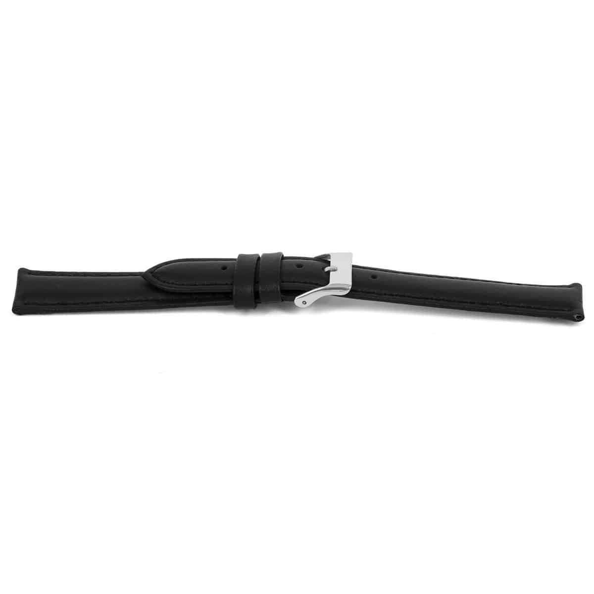 Zwart lederen horlogeband licht gevuld met zilverkleurig edelstalen gesp.
Kleur band: Zwart
Band dikte: 3,5mm
Band lengte: 100/125 mm
Band breedte: 20x18 mm
Gesp: Edelstaal
Bekleding binnenband: Beige leder
Gestikt: Ja, dezelfde kleur als deband. 
Pushpin: Exclusief
Hypo allergisch: Ja
EAN; 4780263012205