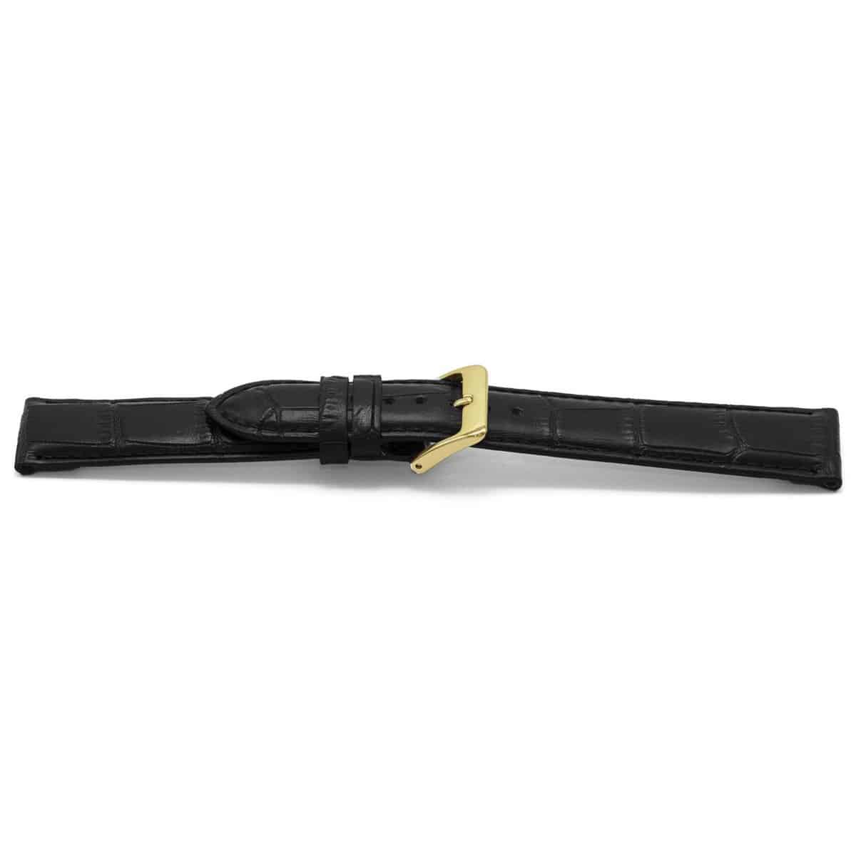 Zwart lederen horlogeband met goudkleurig aluminium gesp.
Kleur band: Zwart
Band dikte: 3.4mm
Band lengte: 70/105mm
Band breedte: 14x12mm
Gesp: Aluminium
Bekleding binnenband: Nubuck
Gestikt: Ja, dezelfde kleur als de band. 
Pushpin: Exclusief
Hypo allergisch: Ja