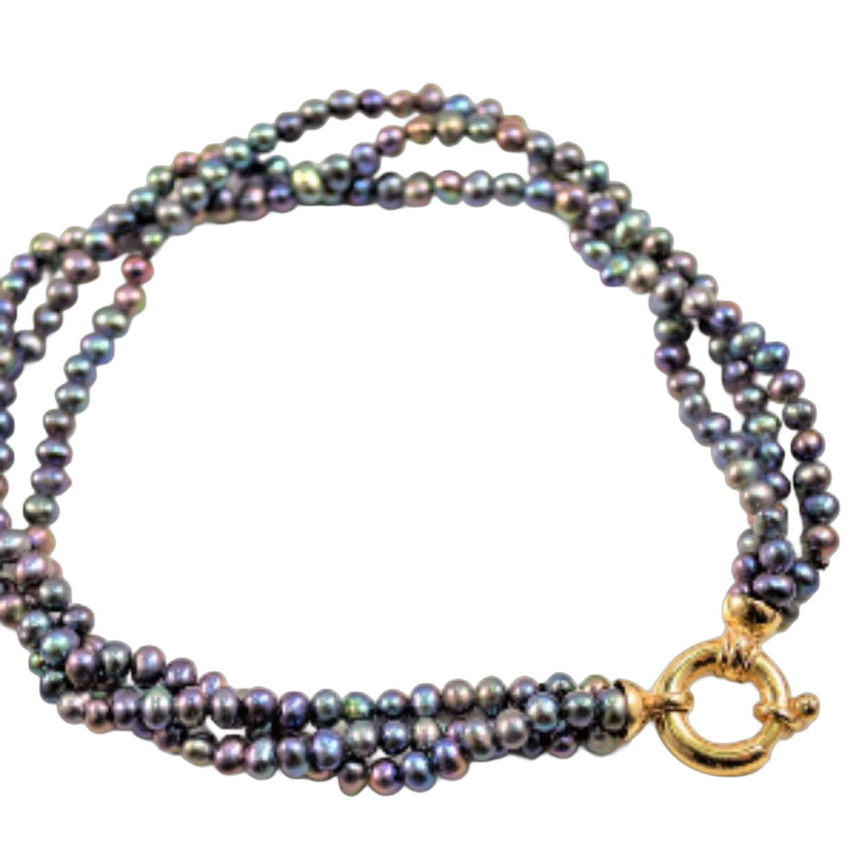 parelcollier 3 strengen donkere parels met gouden veeroog