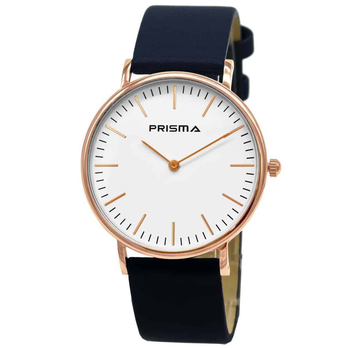 Prisma horloge van edelstaal
- Kast maat: 40 mm
- Kast dikte: 7.7 mm
- Kast materiaal: Ros&#233;goudkleurig edelstaal (PVD)
- Uurwerk type: Miyota 2025
- Glas type;  Mineraal Crystal
- Waterdichtheid: 5 ATM
- Horlogeband: Blauw lederen band met stainless steel gespsluiting
- Maat aansluiting band: 20mm
- Wijzerplaat; Wit met ros&#233;goudkleurige aanduidingen
- Licht functie: Nee
EAN: 8716667163041