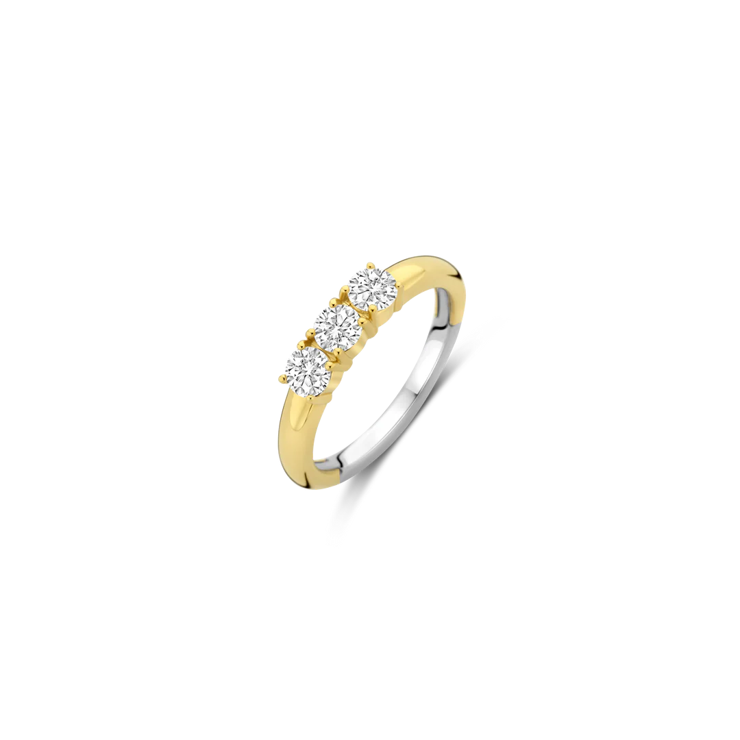 Ervaar tijdloze glamour met de vintage TI SENTO vergulde ring 12349ZY. Deze ring, vervaardigd uit 925 sterling zilver en verguld met luxueus geel goud, straalt klassieke elegantie uit. De drie sprankelende witte cubic zirconia stenen bovenop de ring voegen een vleugje verfijning en charme toe aan je look. De warme gouden tinten roepen een gevoel van vintage allure op, waardoor deze ring perfect is voor zowel overdag als 's avonds. Dit verfijnde ontwerp straalt luxe en stijl uit, ideaal om alleen te dragen voor een alledaagse touch of te combineren met andere TI SENTO sieraden voor een gepersonaliseerde uitstraling. Bovendien is de ring zorgvuldig gemaakt voor een gevoelige huid, met nikkelvrije en hypoallergene eigenschappen die zorgen voor langdurig comfort en kwaliteit.