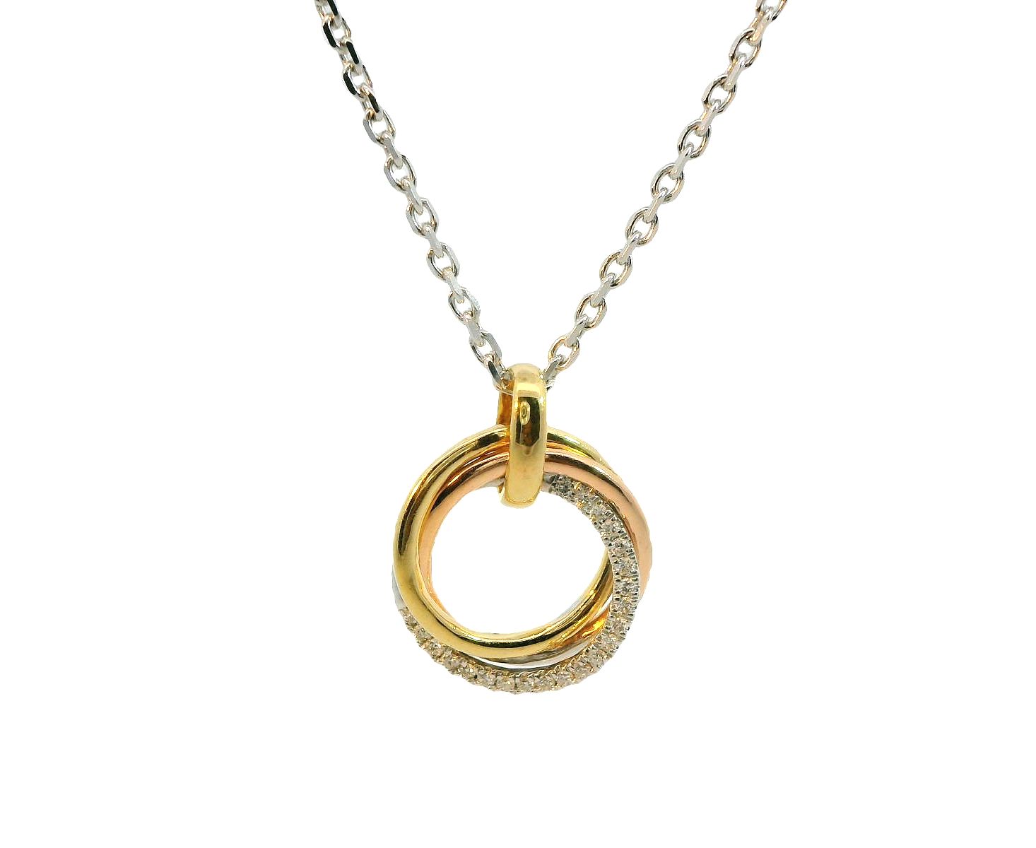 Deze hanger met collier van Louis Bros is vervaardigd uit 14 karaat bicolor (1.24 gr.) en is gezet met 22 briljant geslepen diamanten met een totaalgewicht van 0.06 ct. De hanger heeft een dikte van 1.78 mm. lengte van 15.64 mm, en een maximale breedte van 12.38 mm.