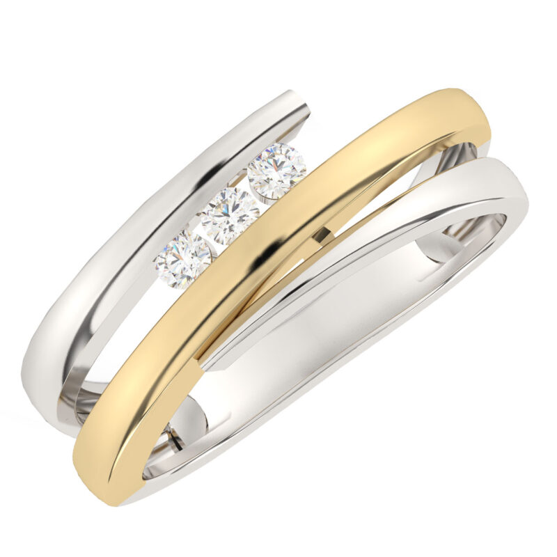 een 14 krt bicolor fantasie slagring met 3 diamant stenen briljant geslepen totaal 0.13 Crt H SI.