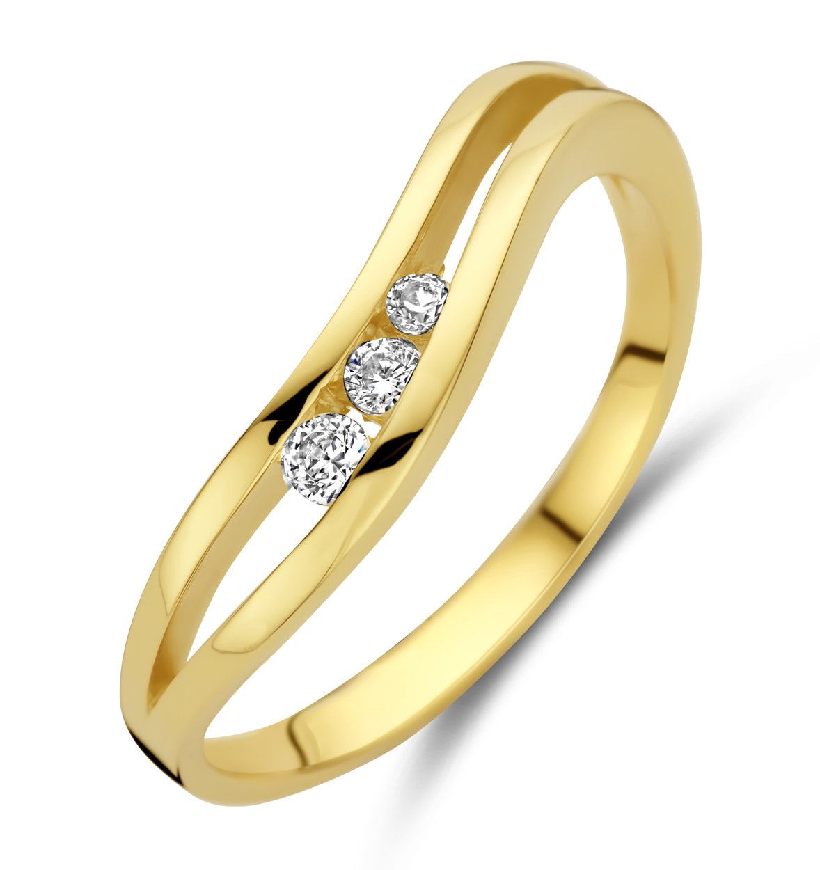 gouden J&J ring, 3x zirconia tussen 2 bandjes mt18