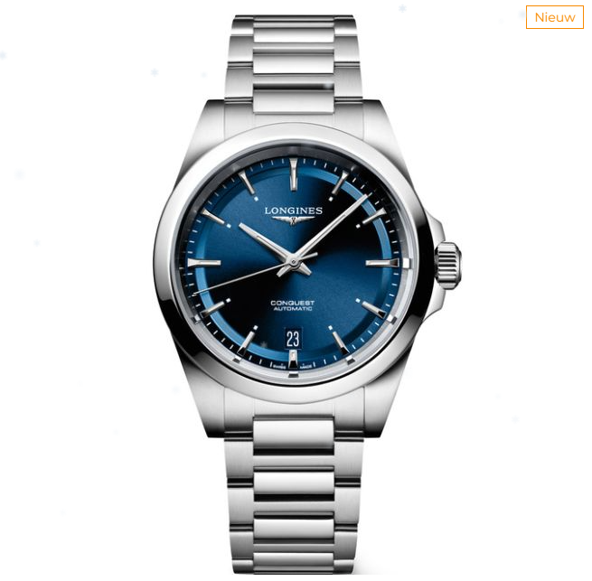 Polshorloge  Longines model Conquest met blauwe wijzerplaat en stalen band


