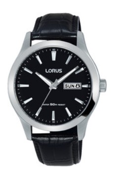 Lorus Quarts heren pols horloge model RXN27DX-5 staal met lederen band. 5 ATM waterdicht.
