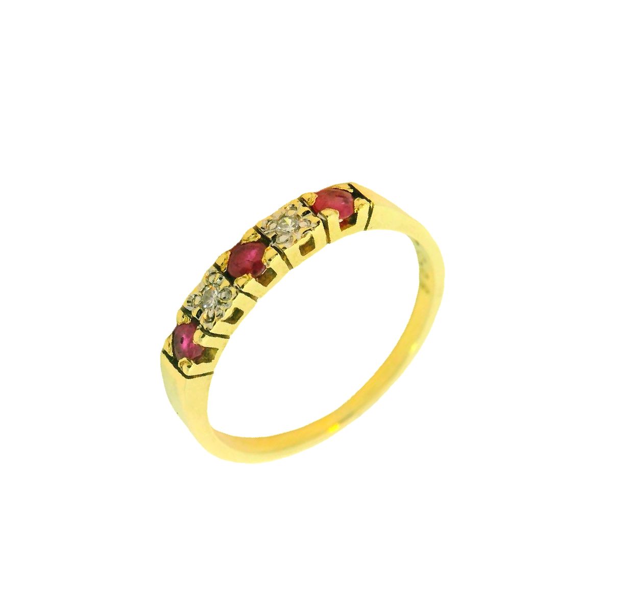 Deze prachtige geelgouden alliance ring is gemaakt van 14 karaat goud en is bezet met glinsterende diamanten en een sprankelende robijn. Deze tweedehands ring is speciaal ontworpen voor dames en straalt elegantie uit. Draag deze ring als een statement piece om je outfit compleet te maken voor elke gelegenheid. Maak je look helemaal af met deze unieke ring!