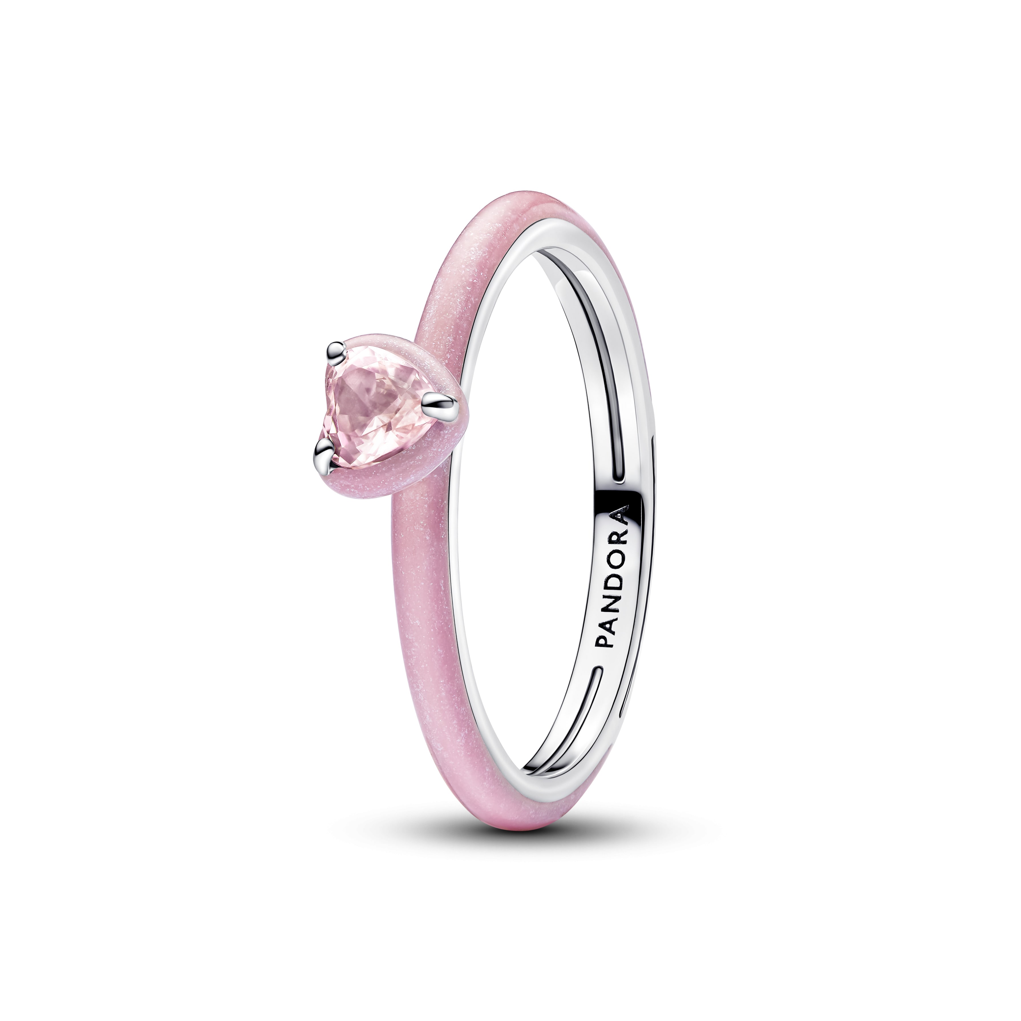 Pandora - Zilveren ring met roze emaille en orchid pink kristalen hartje - 193088C02