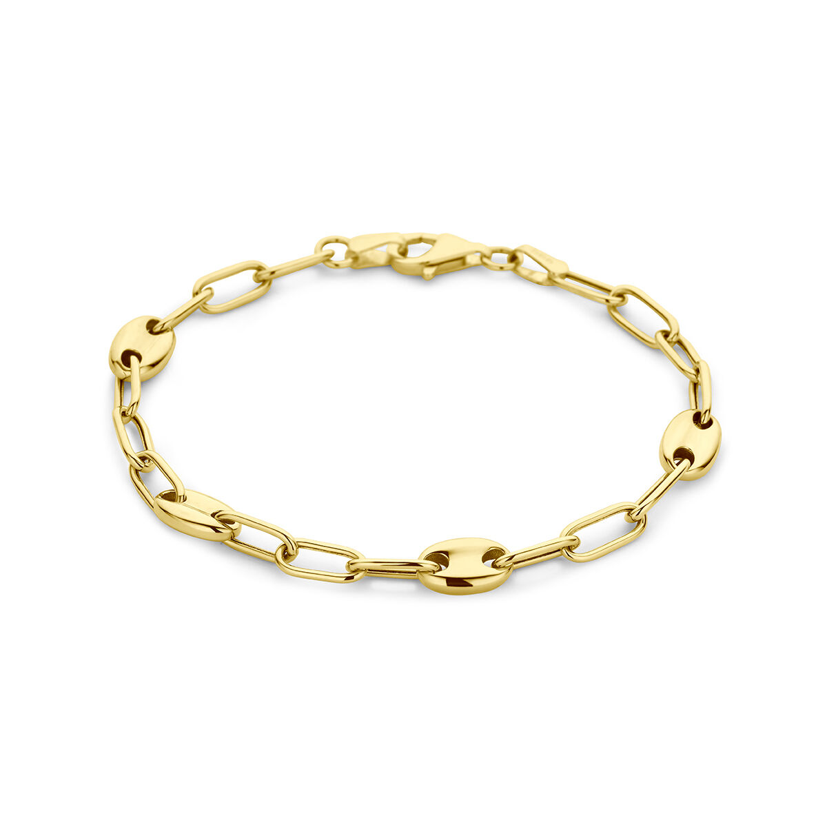 14k Geelgouden armband uitgevoerd met een karabijn sluiting. De armband heeft een draaglengte van 18cm. De schakelbreedtes zijn 4mm en 6mm.