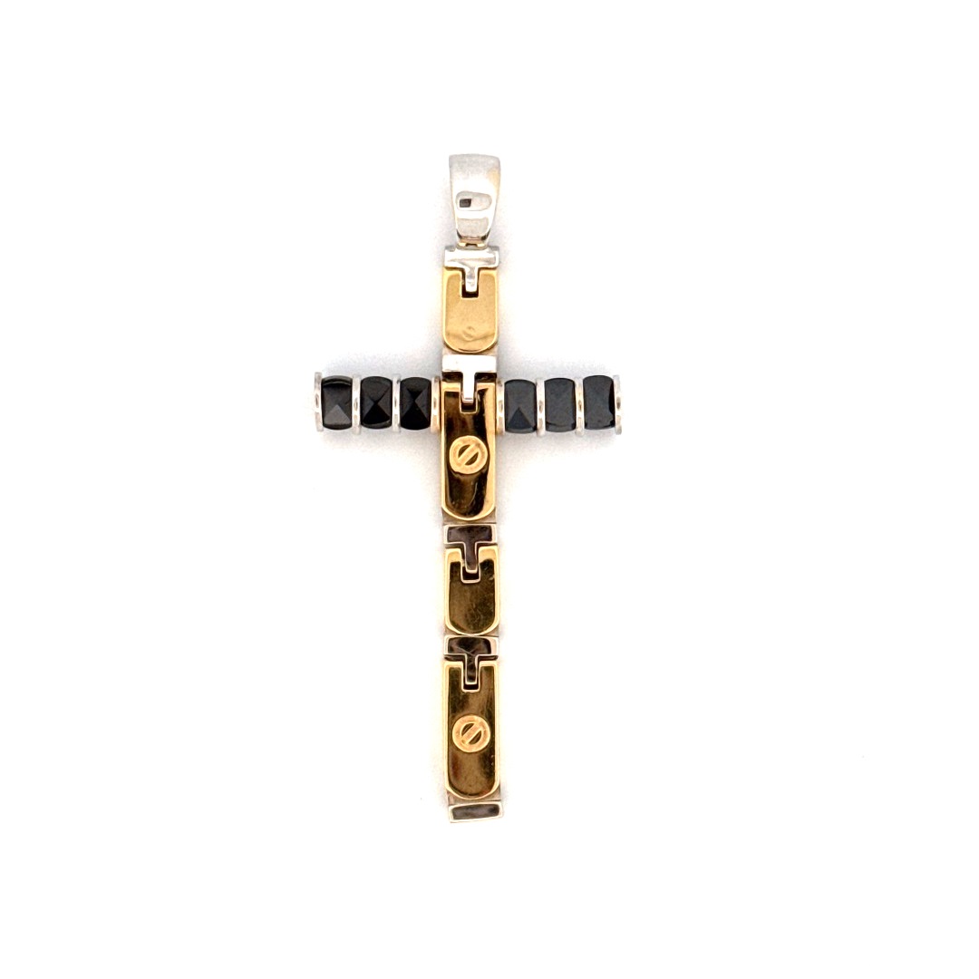 Deze Jh Brummer gouden hanger is gemaakt van 18 karaat goud en heeft een flexibel bicolor kruis met keramiek van 47 x 25 mm. Het is een uniek en stijlvol sieraad dat perfect kan worden gedragen aan een gouden ketting of een leren koord. De hanger is ideaal voor dagelijks gebruik of voor speciale gelegenheden en zal zeker de aandacht trekken.