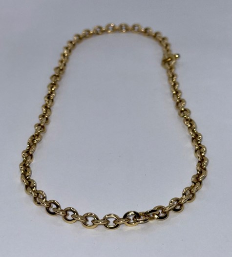 14 Karaat geel gouden fantasie Jassaron collier met luxe karabijn sluiting. 45 cm lang, schakel maat 6,8 bij 8 mm.