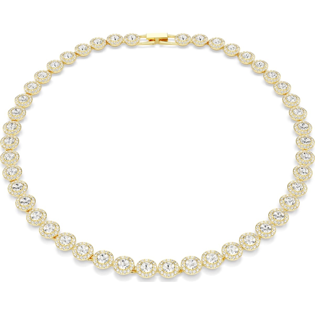 Deze stralende Una-ketting, die een look van tijdloze elegantie belichaamt, is een van Swarovski’s meest geliefde silhouetten. Het ontwerp met goudkleurige toplaag is voorzien van een rij grote kristallen in Round-slijpvorm die zijn omlijst door een ring van heldere pavé. De vouwsluiting zorgt voor een naadloze afwerking, terwijl u met het extra extender het sieraad kunt aanpassen aan uw comfort en maat. Een perfecte manier om uw stijl van dag tot nacht extra glans te geven.