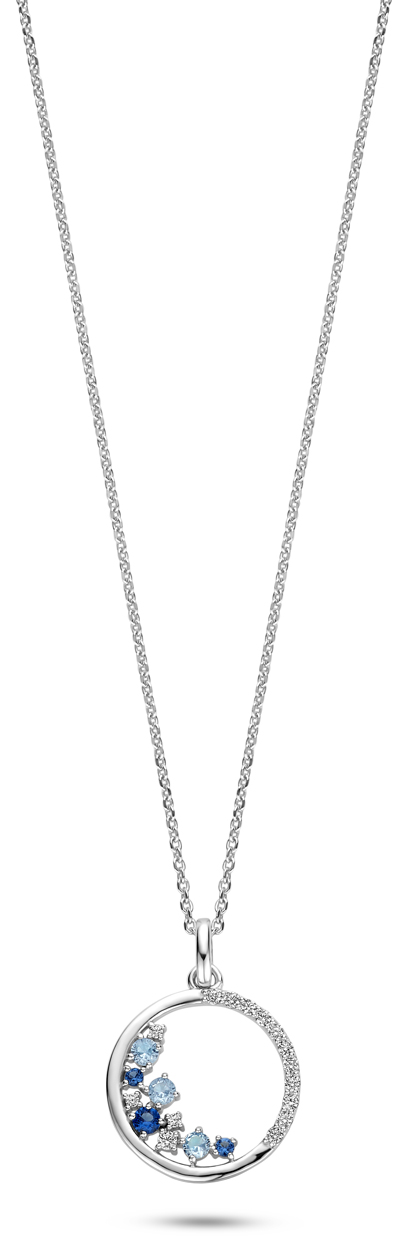 zilveren RdL collier, rondje+ blauw/wit zirconias