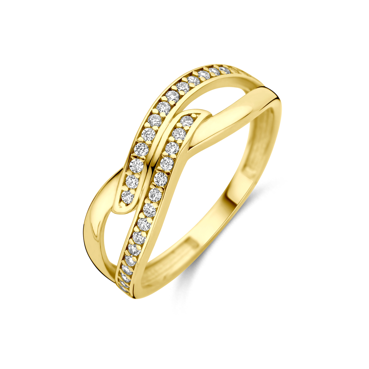 14k Geelgouden ring uitgevoerd met zirkonia. De ring heeft een breedte van 6mm.