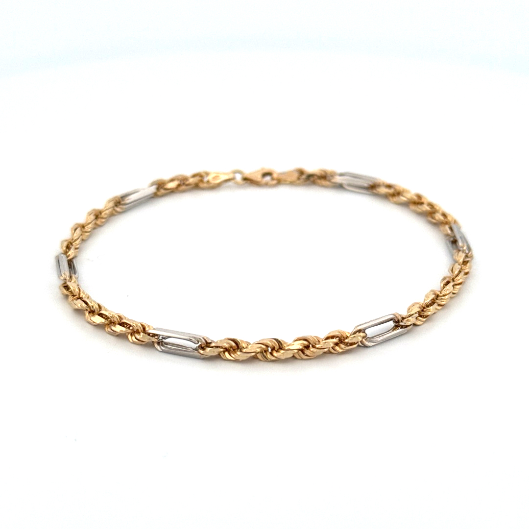 Deze prachtige 14-karaats Bicolor Koord armband is voorzien van een gefacetteerd design, wat zorgt voor een sprankelende uitstraling. De armband is perfect te dragen als statement piece of gelaagd met andere armbanden voor een trendy look. De verstelbare sluiting zorgt ervoor dat de armband comfortabel om elke pols past. Een must-have accessoire voor elke sieradencollectie!
