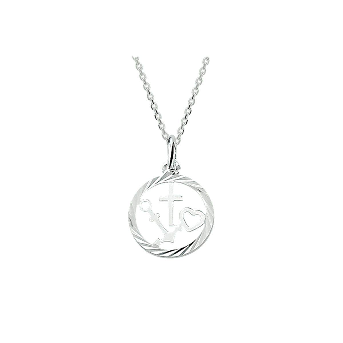 zilveren collier+ronde hanger geloof/hoop/liefde