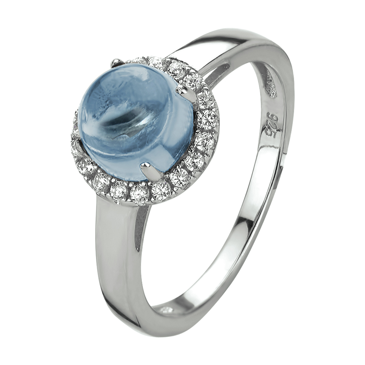 Gerhodineerd zilveren ring uitgevoerd met schitterende zirkonia en een London blue topaas steen. De ring heeft een breedte van 9.5mm.