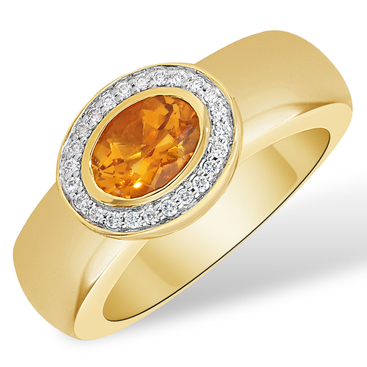 De Brede ring met modelnummer GBG0054, is gemaakt van 14-karaats geelgoud en bevat een ovale Citrien van 0.74 Crt omgeven door een Halo van diamant. Draag deze elegante ring voor speciale gelegenheden of als een opvallend accessoire bij dagelijkse outfits voor extra flair.
