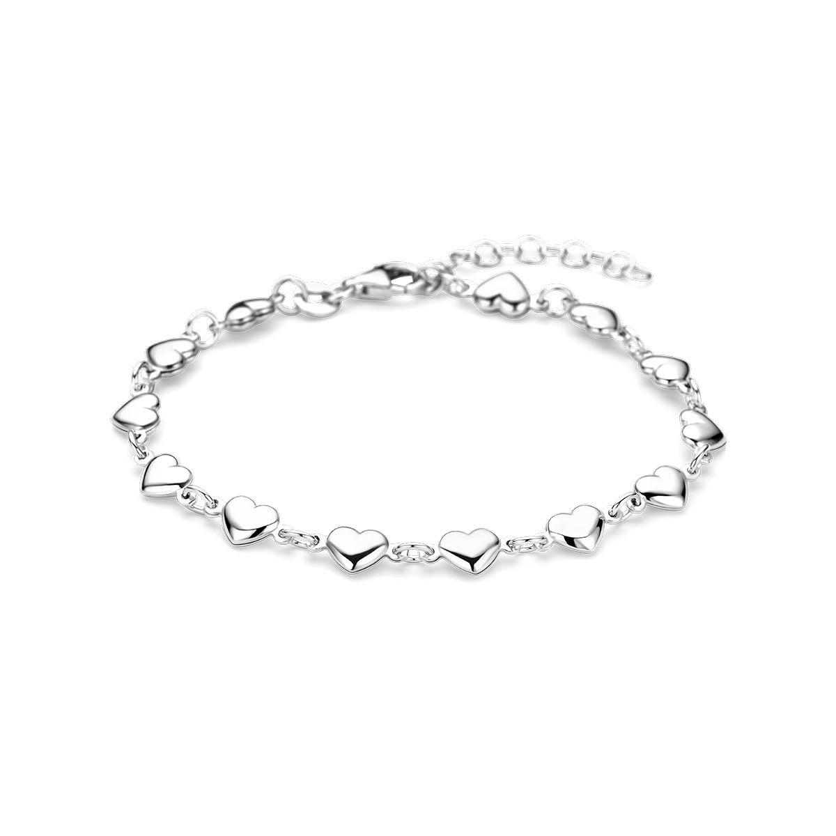 Gerhodineerd 925 zilveren armband uitgevoerd met hartjes. De armband heeft een draaglengte van 16cm en een extensie van 3cm.